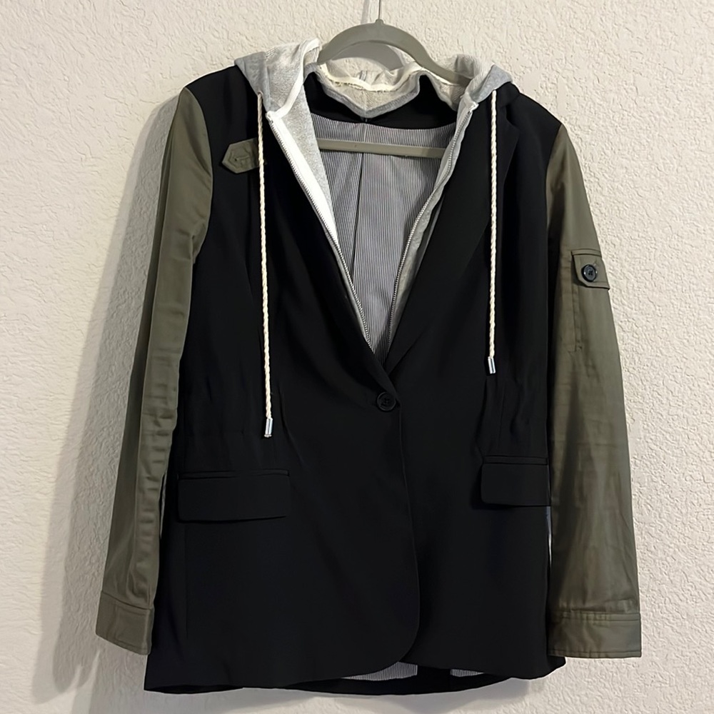 Black and Olive Hooded Blazer - Women's Stylish Layered Jacket